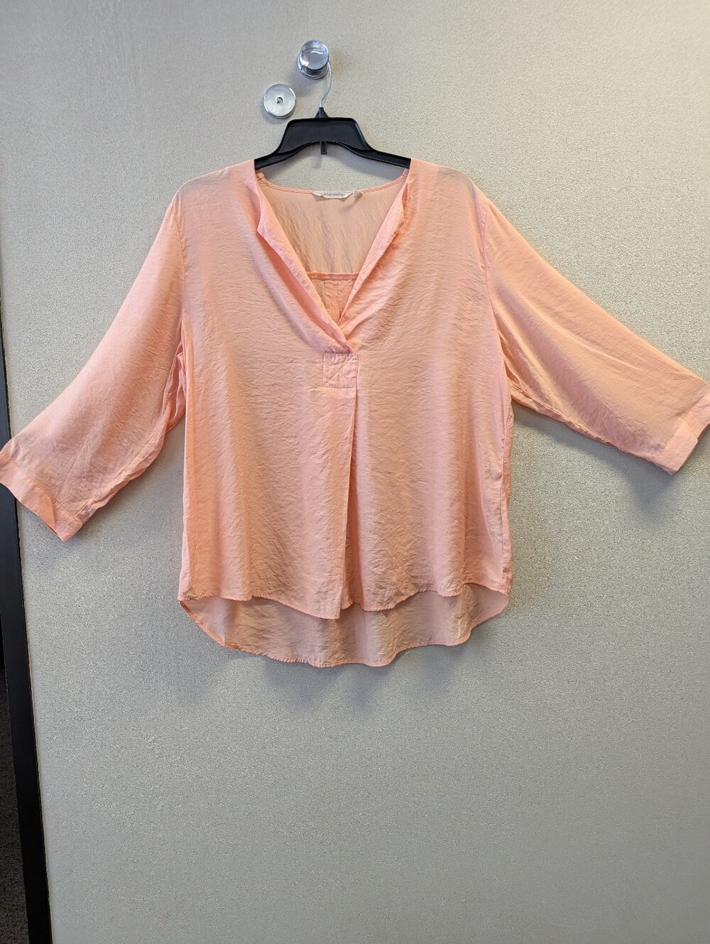 Soft Surroundings Peach Crinkle Popover Tunic Blouse Slub Split V-Neck Top